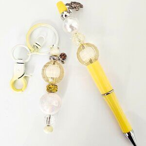 Yellow Pearl Bubble Bead Pen & Keychain Set, Angel Silver Charm, Gift Idea
